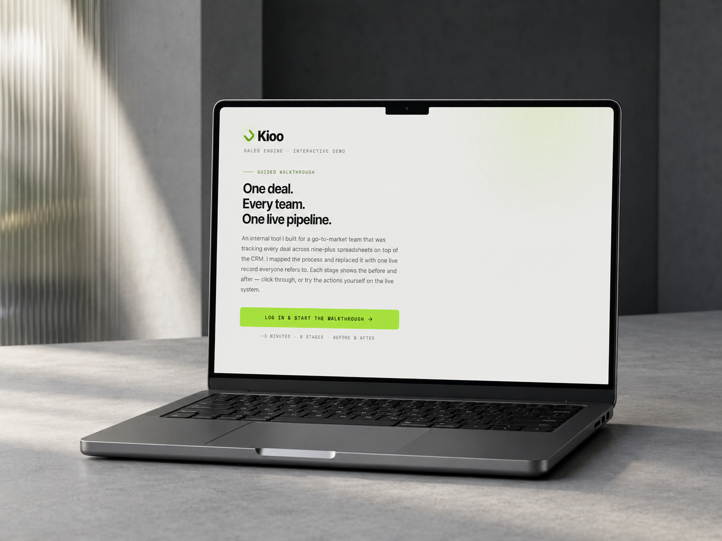 Kioo sales engine public demonstration entry shown on a MacBook Pro in a cool graphite setting