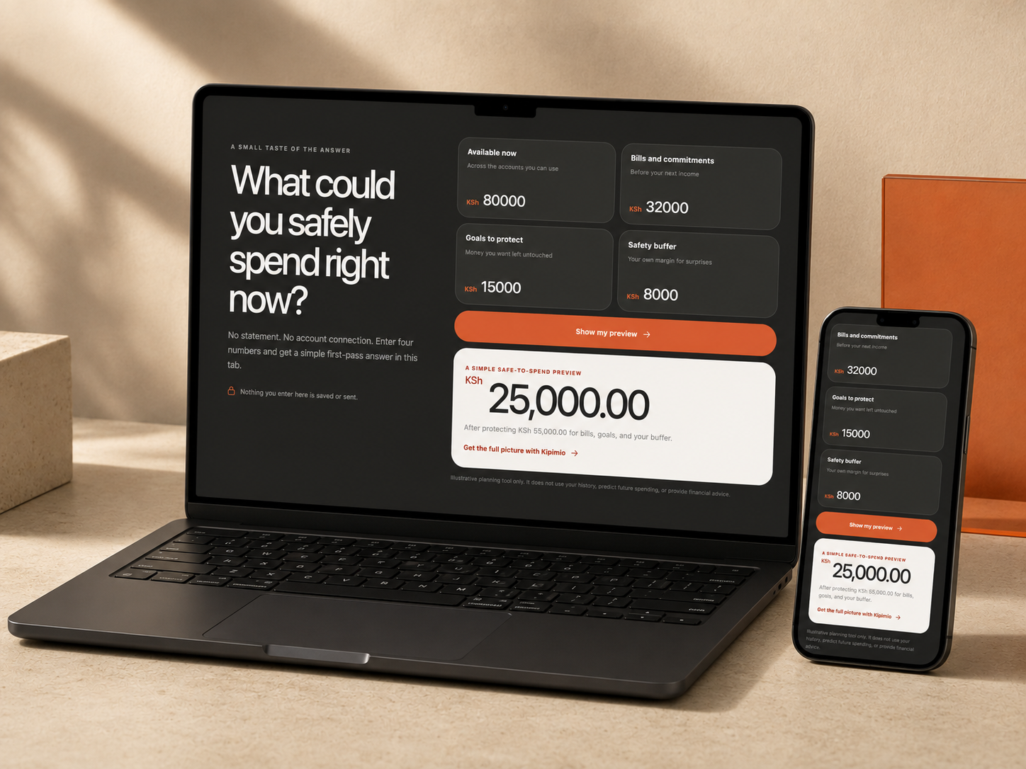 Kipimio safe-to-spend calculator shown on a MacBook Pro and responsive website on a phone