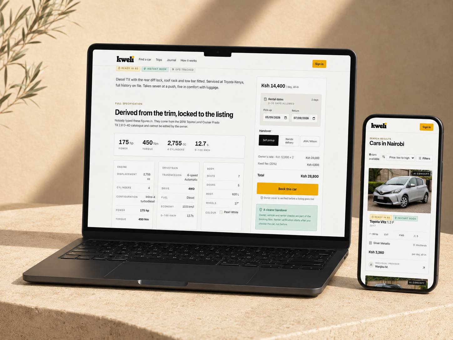 Kweli vehicle marketplace shown on a MacBook Pro and phone in a warm sandstone setting