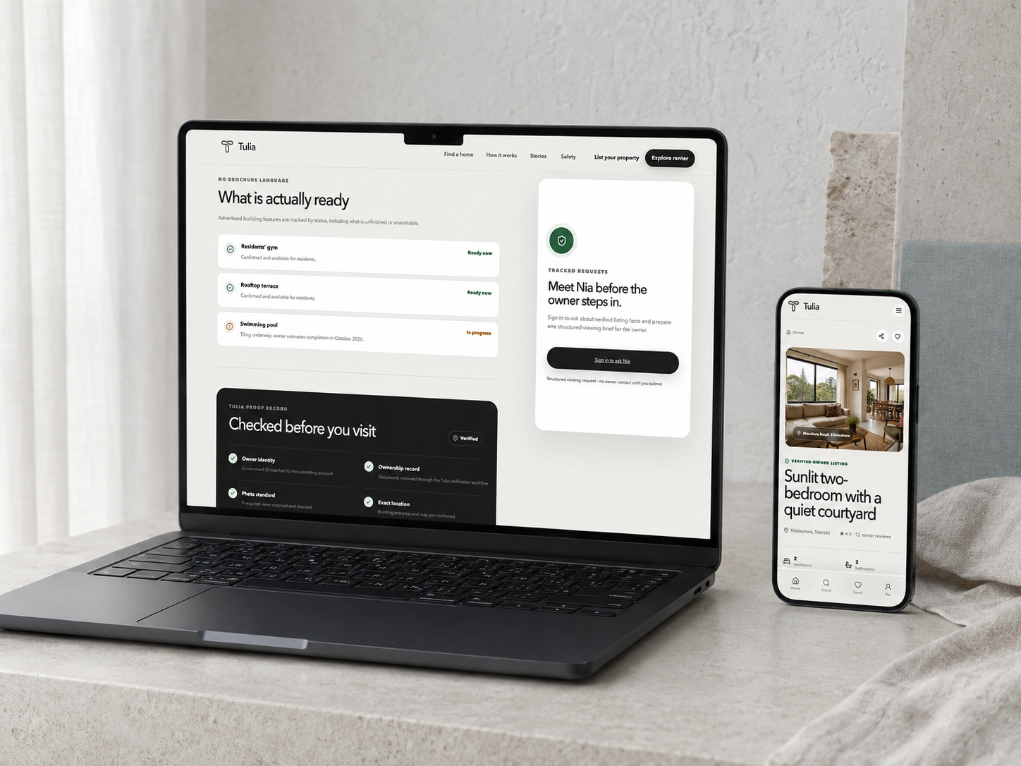 Tulia rental marketplace proof record shown on a MacBook Pro and phone in a pale editorial setting